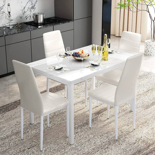 Style 5-Piece Faux Marble Top Dining Table Set With 4 Faux Leather Upholstered Dining Chairs