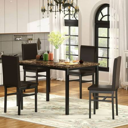 5 Piece Dining Table Set, Modern Tempered Glass Table And 4 Pu Leather Upholstered Chairs, Rectangle Kitchen Table And Chairs For 4 Persons