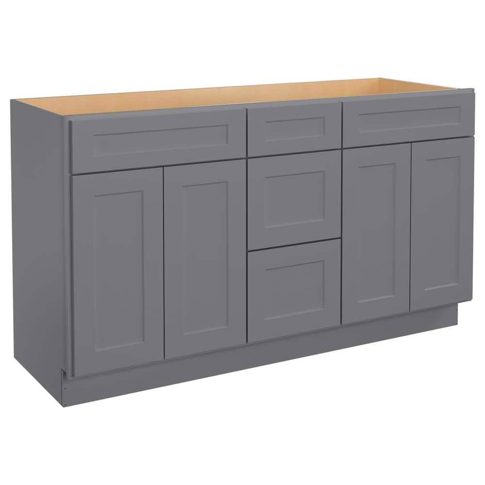 60 In. W X 21 In. D X 34.5 In. H In Shaker Grey Plywood Ready To Assemble Floor Vanity Sink Base Kitchen Cabinet