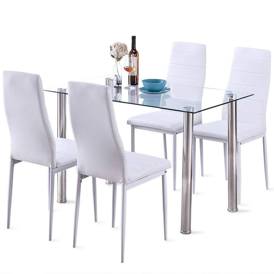 5 Pcs Modern Tempered Glass White Dining Room Table Set With 4 High Ba