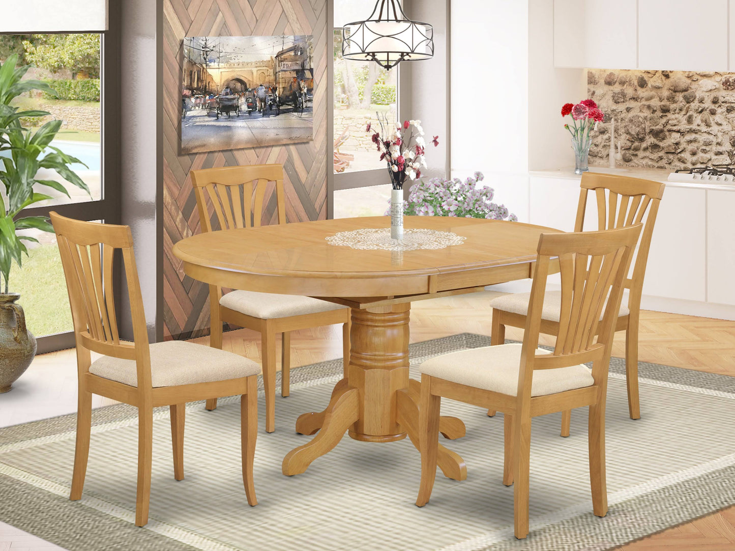 West Furniture Avon5-Oak-C 5 Pc Dining Room Set-Oval Dining Table With Leaf And 4 Dining Chairs