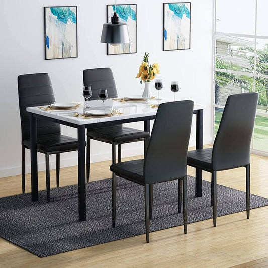 Style 5-Piece Faux Marble Top Dining Table Set With 4 Faux Leather Upholstered Dining Chairs  Table Base