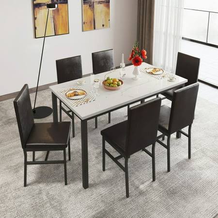 7 Piece Kitchen Dining Table & Chair Set Dining Room Table Set With Faux Marble Tabletop Pu Leather Chairs