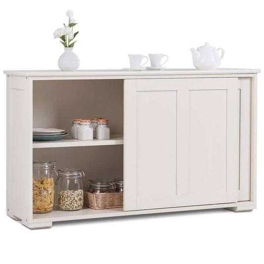 42 In. Antique White Wood Kitchen Storage Cabinet Sideboard Buffet Cupboard With Sliding Door