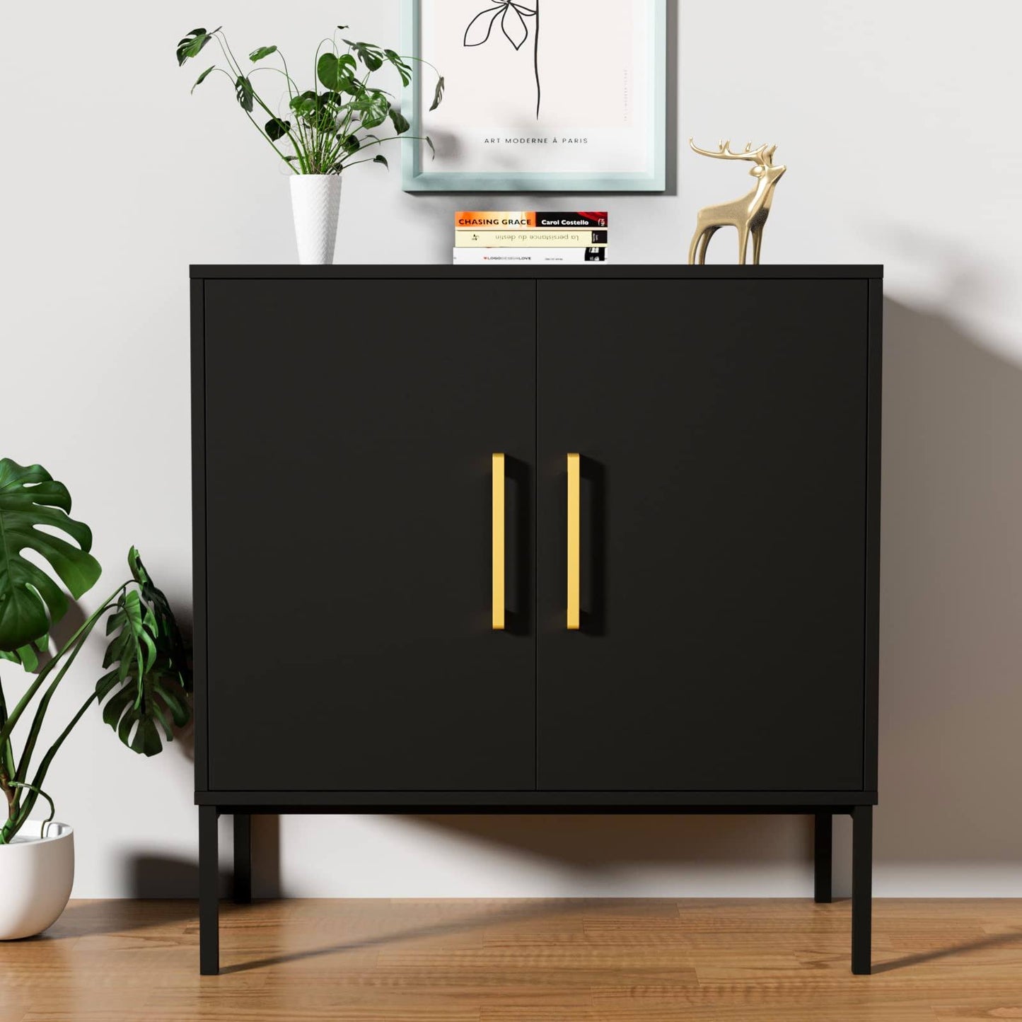 Siedeboard Buffet Cabinet, Black Side Storage Cabinet With Doors And Adjustable Shelves