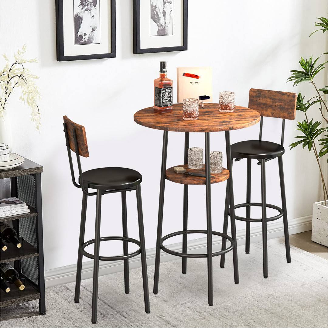 17 Stories 3-Piece Bar Table Set For 2 2-Tier Round Bistro Dining Table & Pu Stools