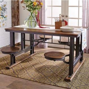 Small Space Cafeteria Dining Table Set W/4 Attached Swivel Stools, Heavy & Solid