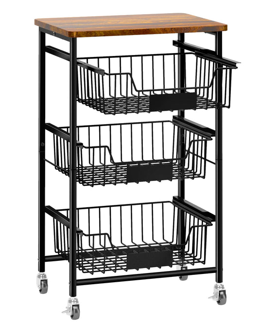 4-Tier Small Kitchen Storage Cart On Wheels, Metal Fruit Basket Stand With Pull-Out Baskets & Wood Top For Potato Onion Produce Snack Veggies