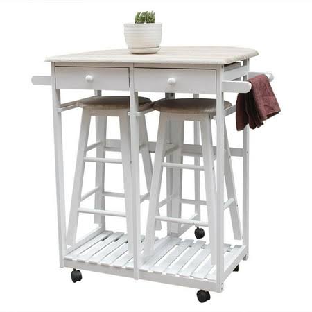 2-Drawer Kitchen Dining Island Trolley Cart Table Set With Table & 2 Stools