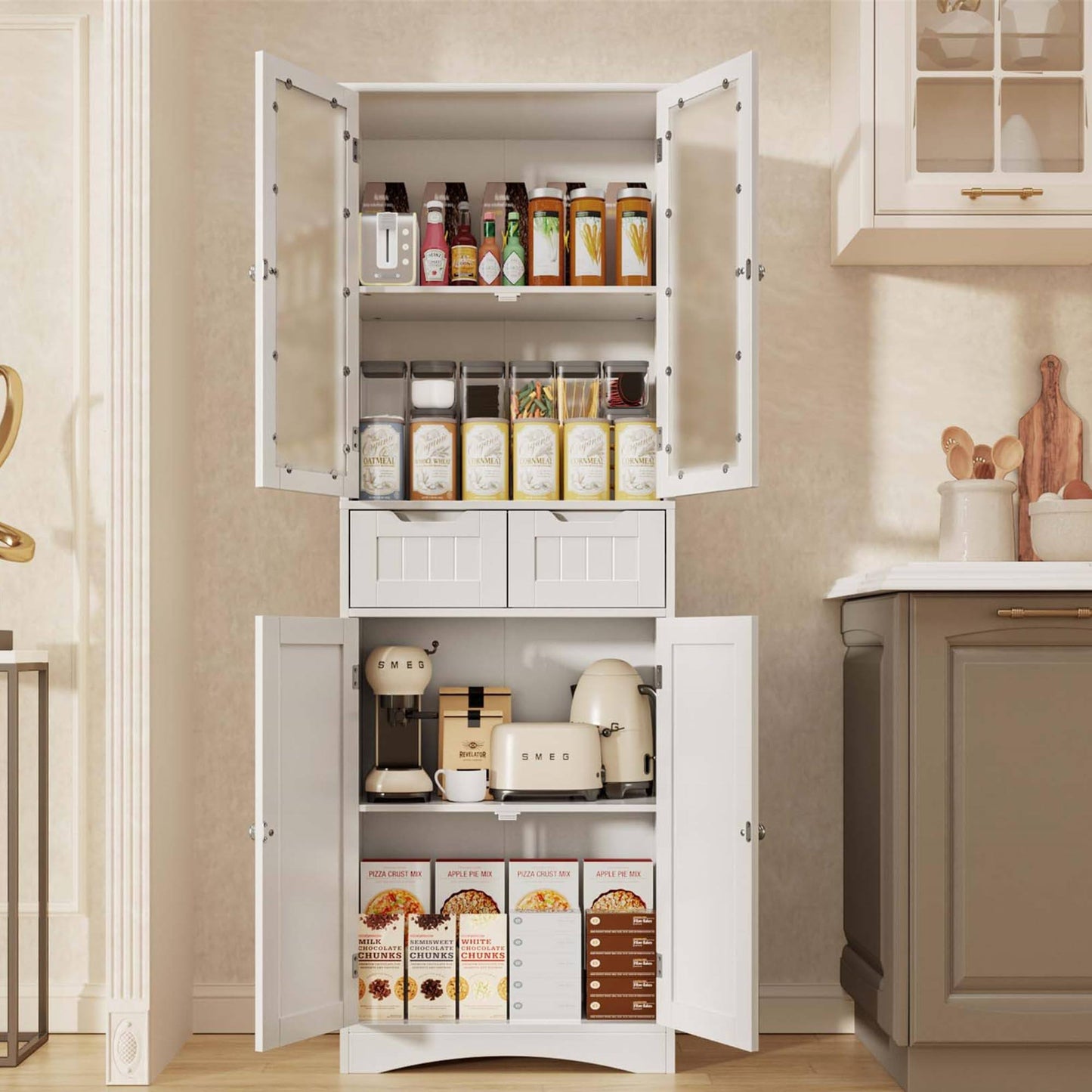 Tall Kitchen Storage Cabinet With 2 Drawers, Freestanding Pantry Cabinet With Glass Doors, Large Modern Cupboard For Home Kitchen, Bathroom,