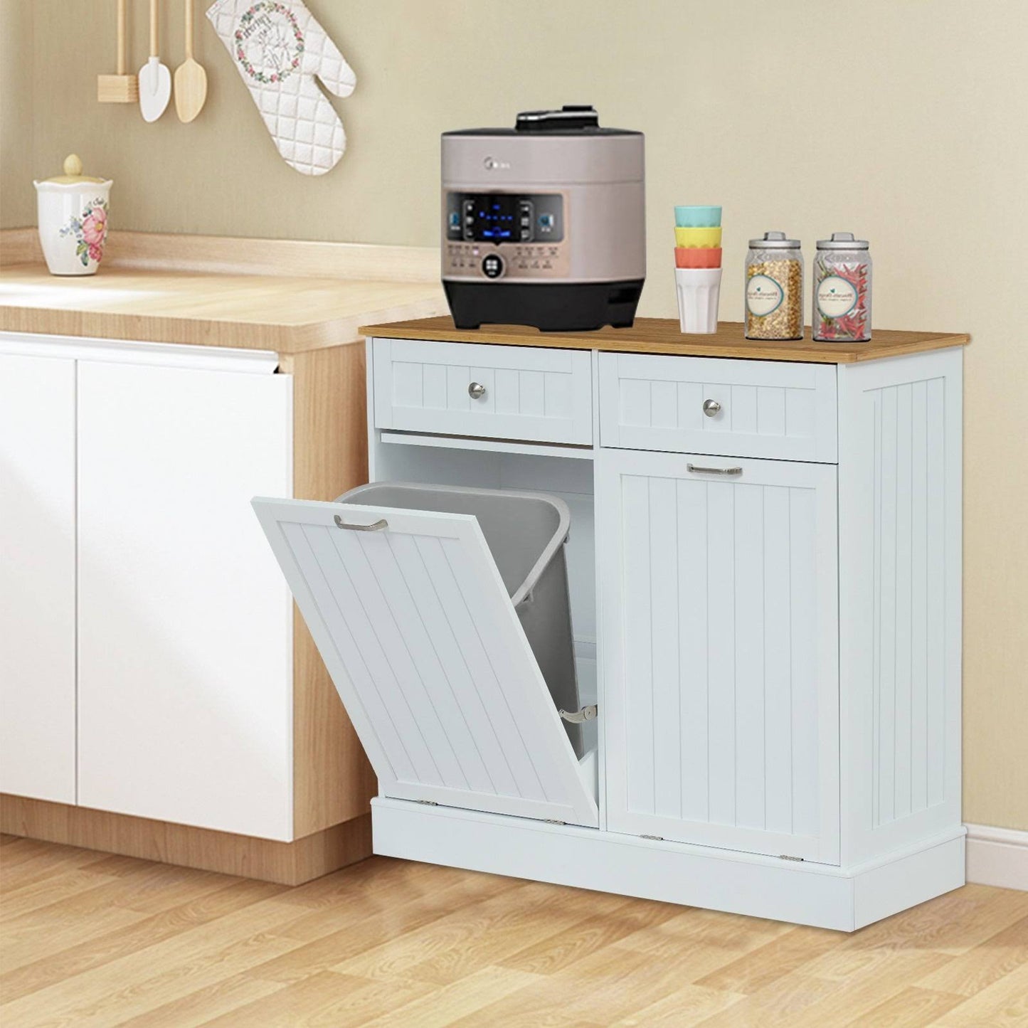 Tilt Out Trash Cabinet Wooden Kitchen Trash Bin Can,Recycling Cabinet W/ Drawer And Removable Bamboo Cutting Board