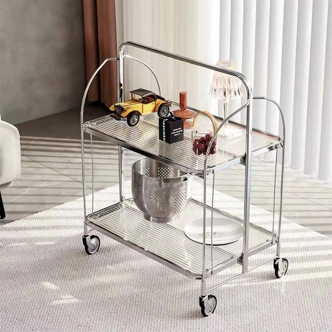 2-Layer Silver Foldable Serving Cart Glass Bar Trolley Tempered Glass