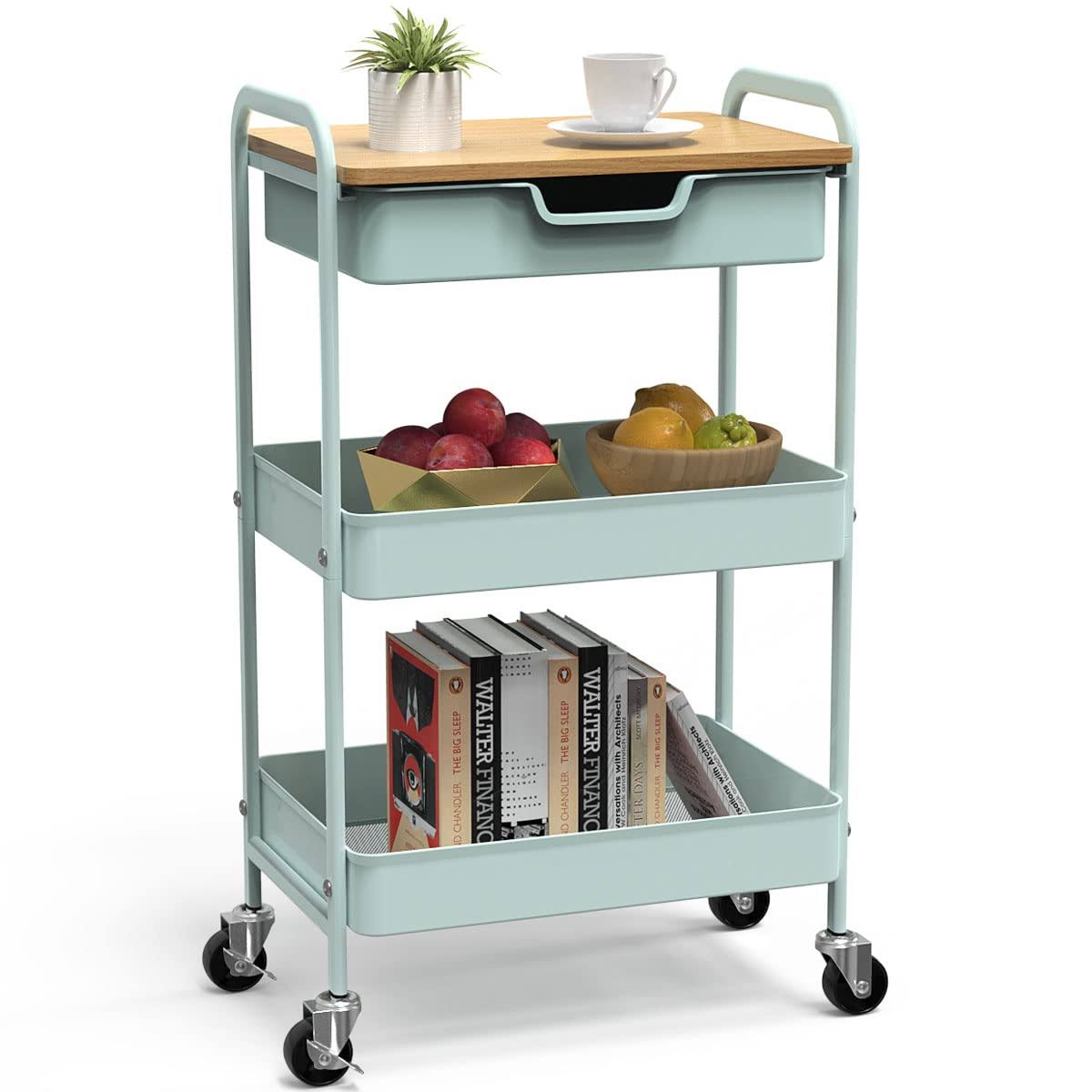 3 Tier Rolling Cart, Utility Cart With Drawer And Table Top, Metal Rolling Kitchen Storage Organizer Cart With Handle And Locking Wheels For