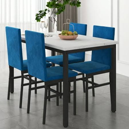 Table Set For 4, Wood Dine Table With 4 Velvet Chairs, Modern Kitchen Table Set For Home, Breakfast Nook, Cafeteria Dining Room, Ja4366, Size: