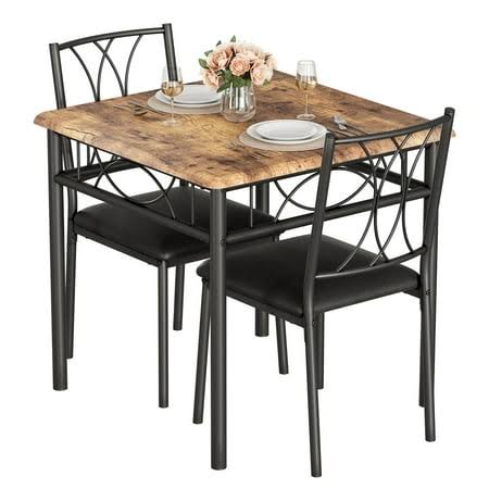 3 Piece Kitchen Table Set, Dining Table And Chairs For 2, Metal And Wood Square Dining Room Table Set With 2 Upholstered Chairs, Dining Table