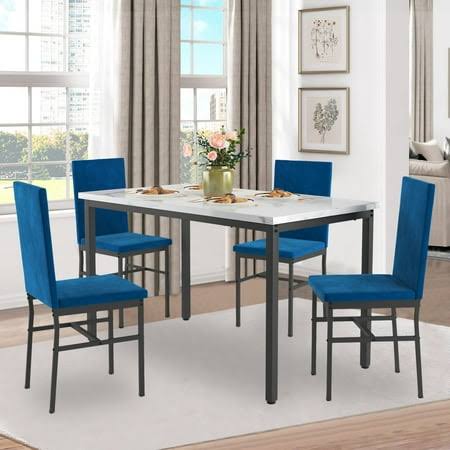 5 Piece Dining Table Set, Modern Faux Marble Table And 4 Velvet Upholstered Chairs, Rectangle Kitchen Table And Chairs For 4 Persons