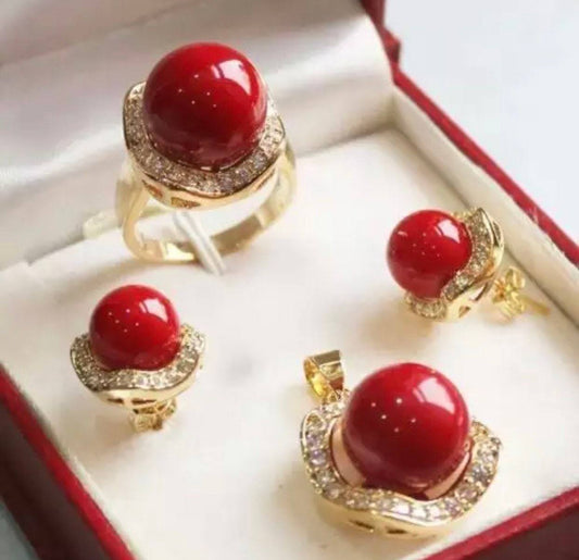 18k Gold Jewelry Set Red Coral South Sea Shell Pearl Jewelry Set. Bridesmaid Gift