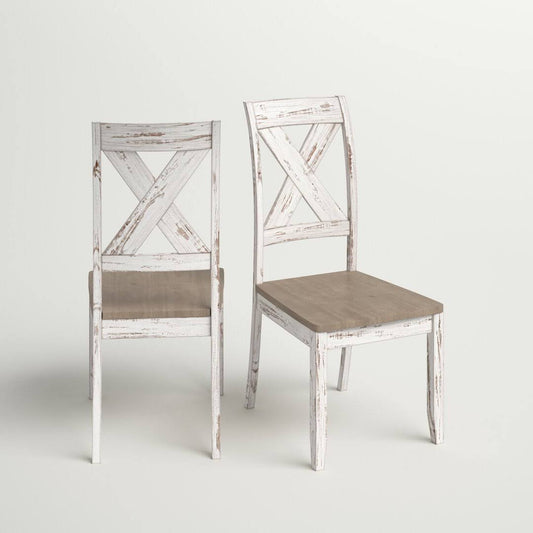 Solid Wood Cross Back Side Chair In Distressed White Sand & Stable