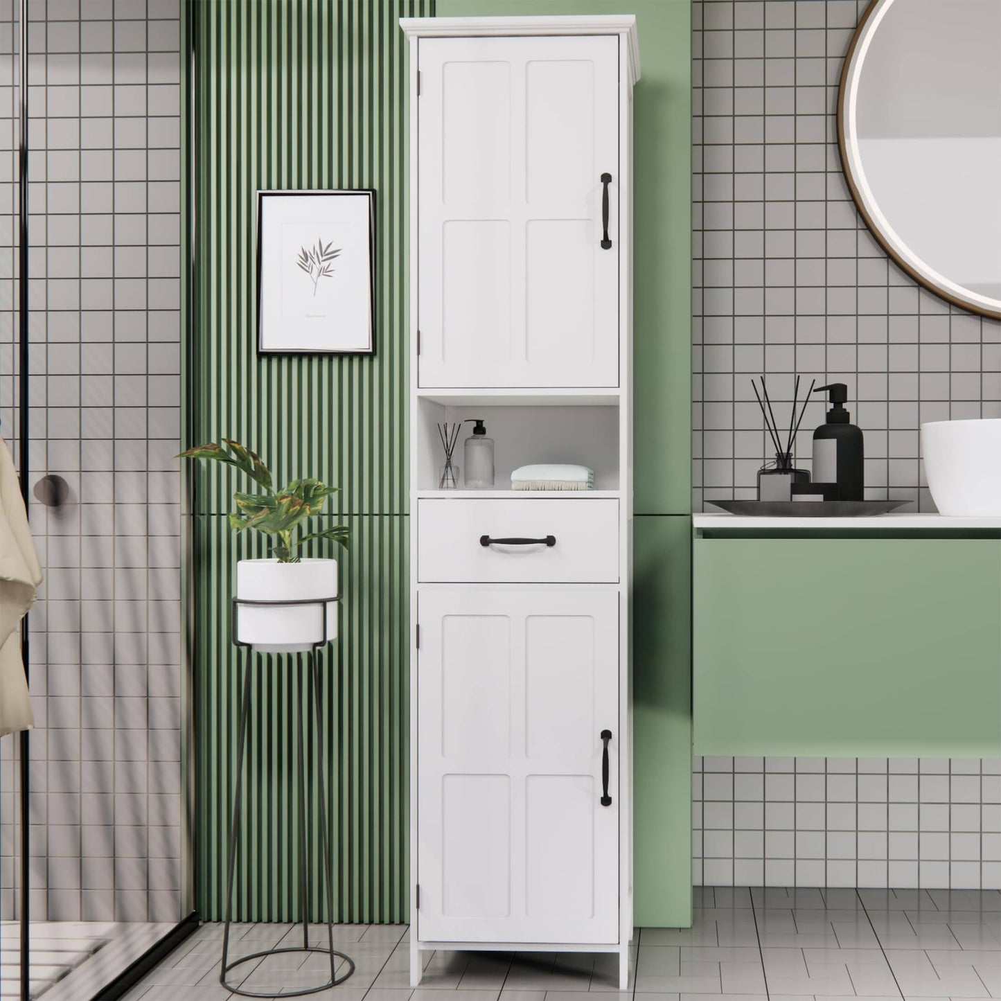 Tall Bathroom Storage Cabinet, White Bathroom Cabinets Freestanding, Narrow Storage Cabinet W/Adjustable Shelves For Home, Kitchen,