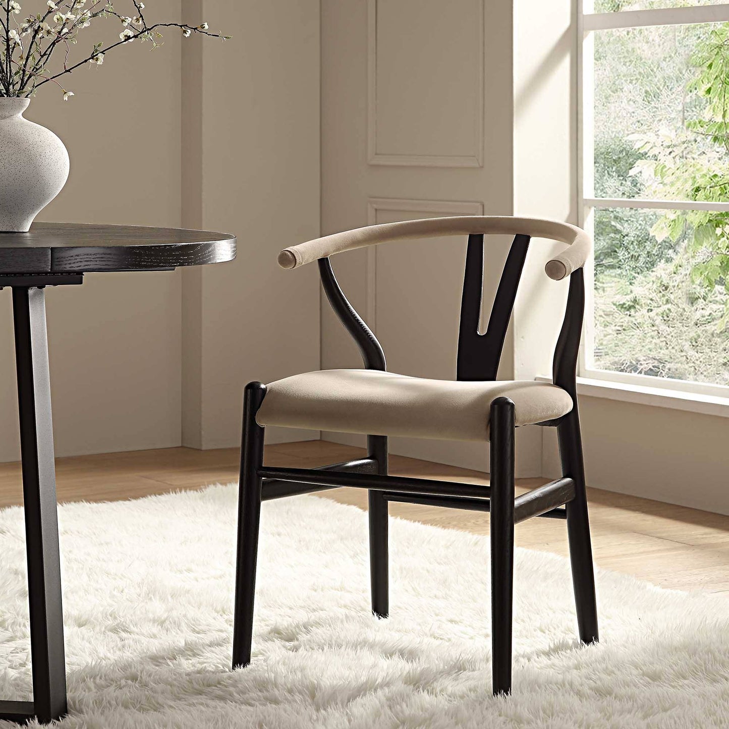 Wishbone Padded Dining Chair, Taupe Velvet And Black Frame - Daals - Dining Chairs