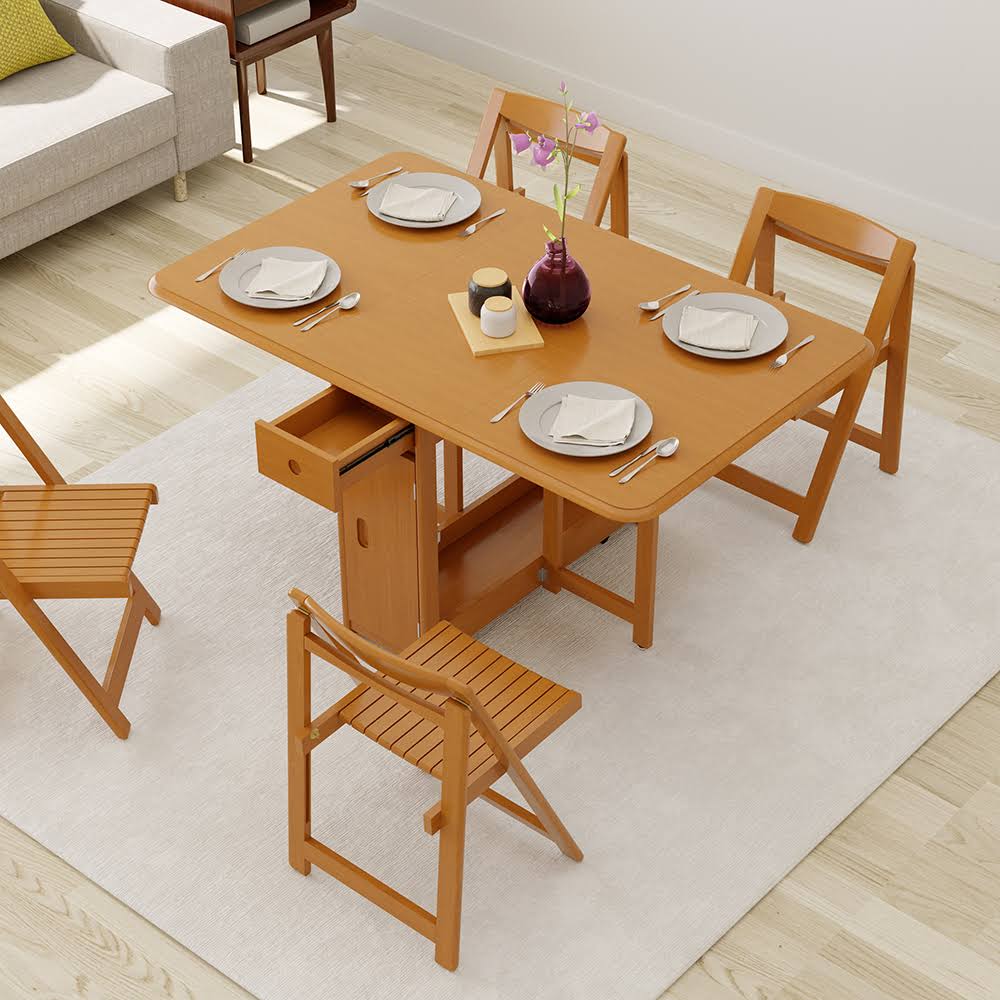 57 Modern Solid Wood Folding 5 Piece Dining Table Set Drop Leaf With 4 Chairs