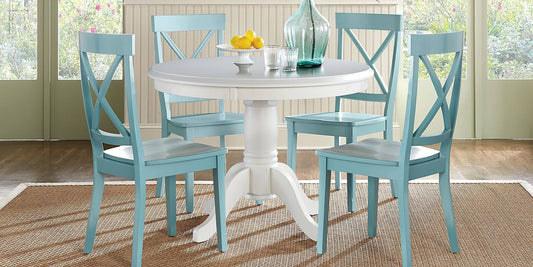 White 5 Pc Round Dining Set With Blue Chairs