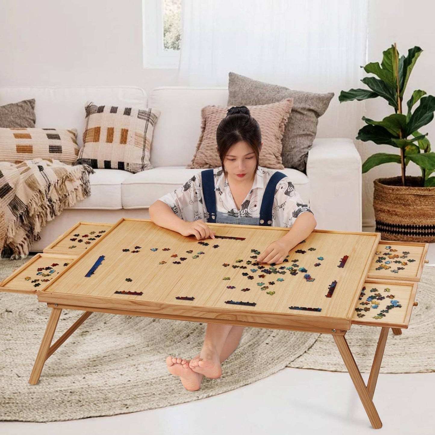 2000 Piece Portable Puzzle Table With Folding Legs, 41.3x27.5 Wooden Jigsaw Puzzle Board With 4 Drawers & Cover, Family Multifunctional Folding