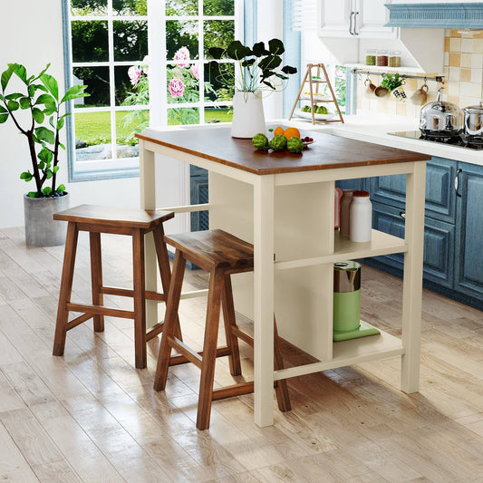 3-Piece Kitchen Island Set With 2 Stools And 2 Shelves, Rustic Rubber Wood Dining Set Prep Table Set With Open Shelves For Small Places,