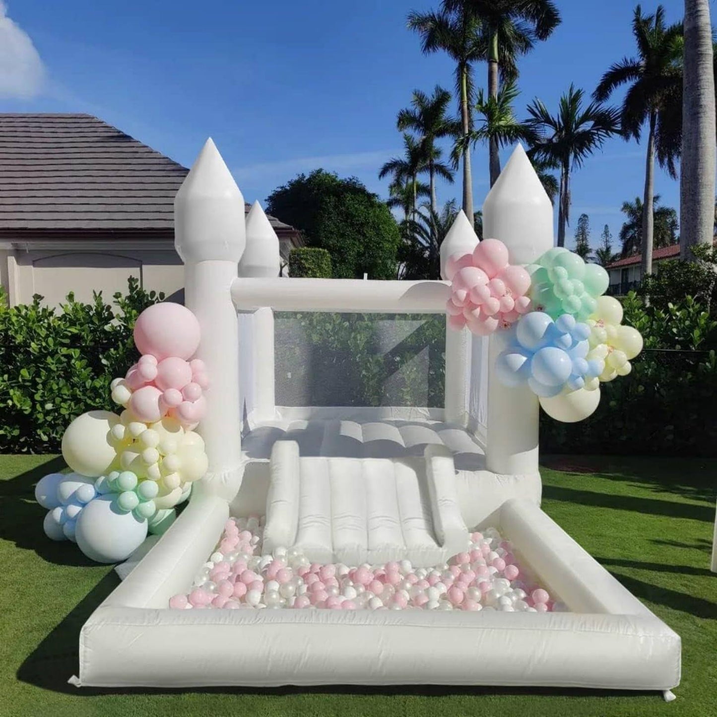 White Bounce House For Kids With Ul Blower- 13 L X 8 W X 8 Portable, Large Ball Pool And Jump Space 3in1 Bouncy Castles A Spacious