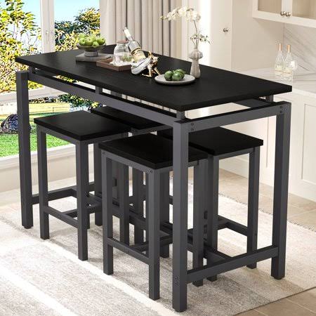 5 Piece Bar Table Set Kitchen Counter Height Table With 4 Stools Space Saving Pub Table Set For 4 Person With Metal Frame