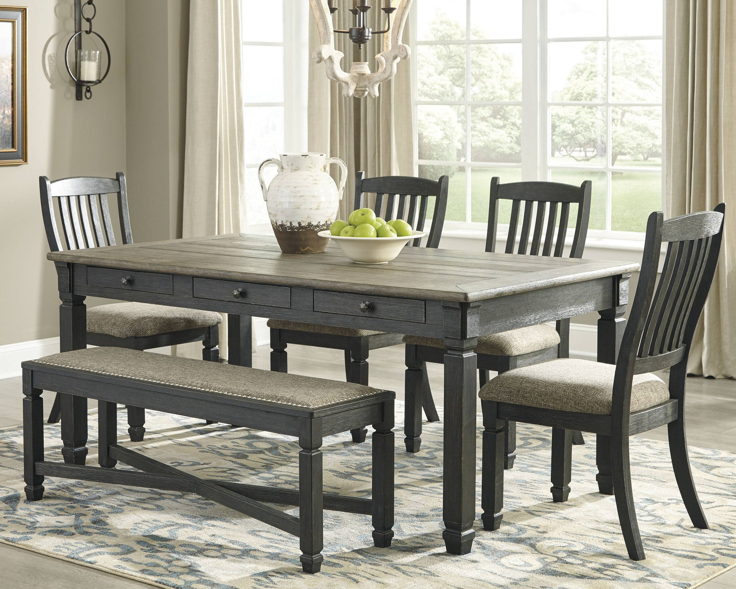 Tyler Creek Dining Table And 4 Chairs And Bench, Black/Gray