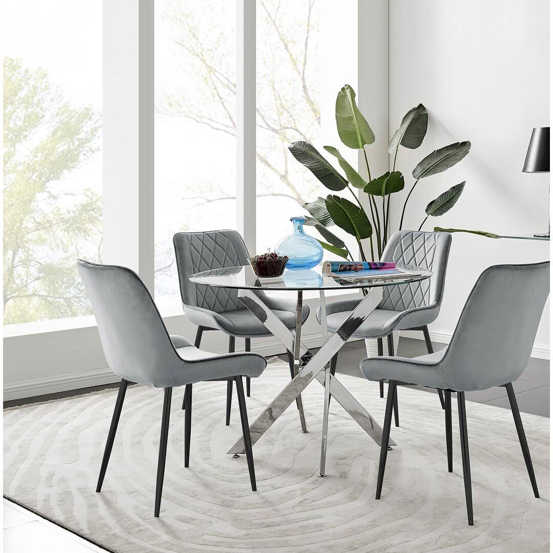 Sleek Metal And Glass Round Dining Table Set With 4 Luxury Velvet Upholstered Dining Chairs East Urban Home Chair