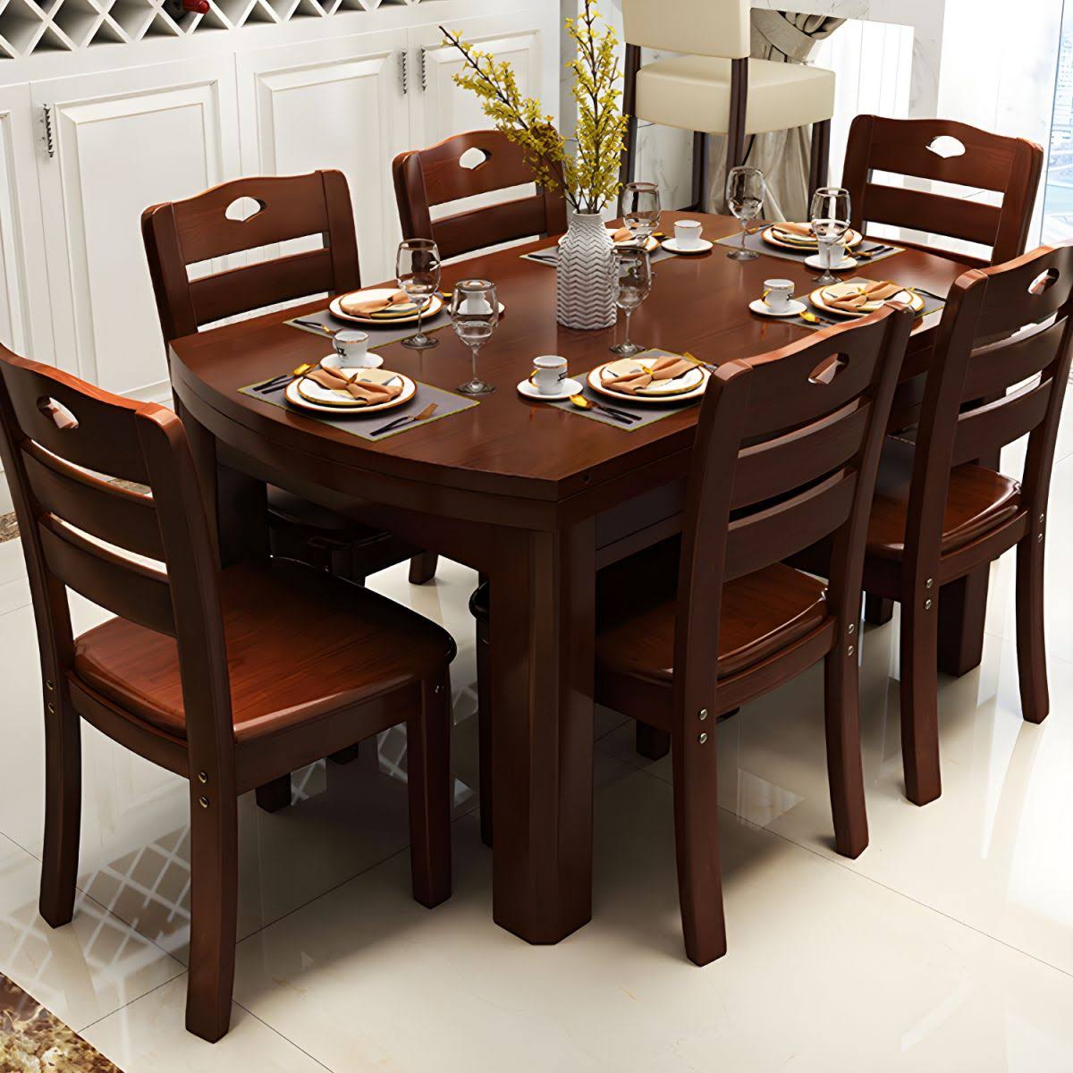 Solid Wood Top Dining Set With 4 Dark Brown Wood Legs For Dining Furniture - 7 Piece Set 47.2l X 30.7w X 29.5h