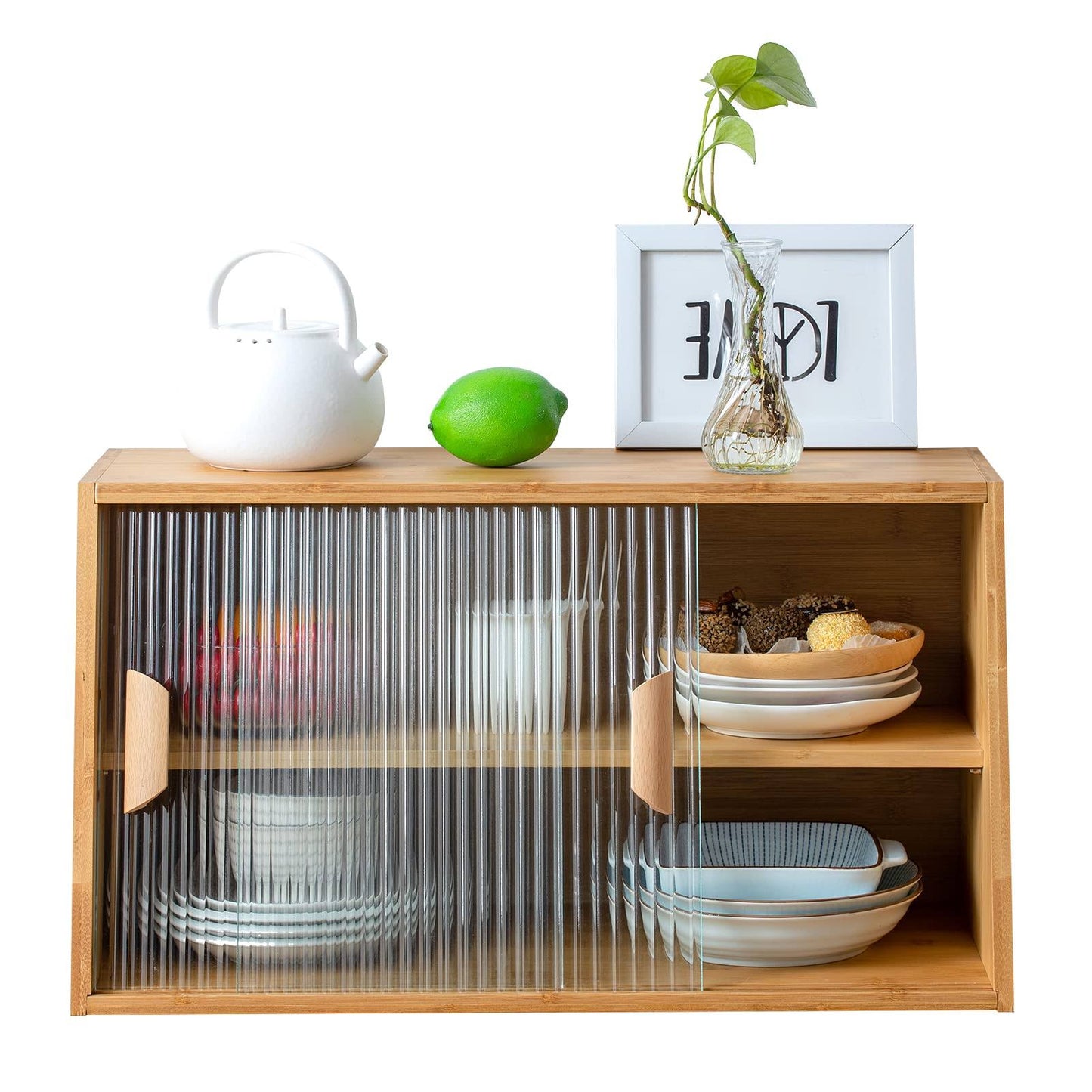 Small Bamboo Kitchen Pantry Sideboard With 2 Sliding Striped Glass Doors