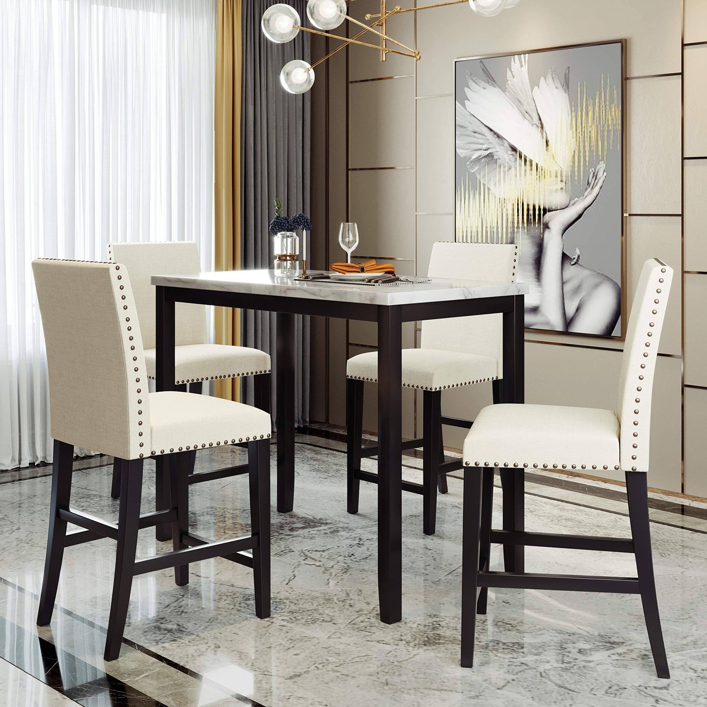 5-Piece Dining Table Set Wooden Dining Set With Faux Marbletable And 4 Upholstered Chairs