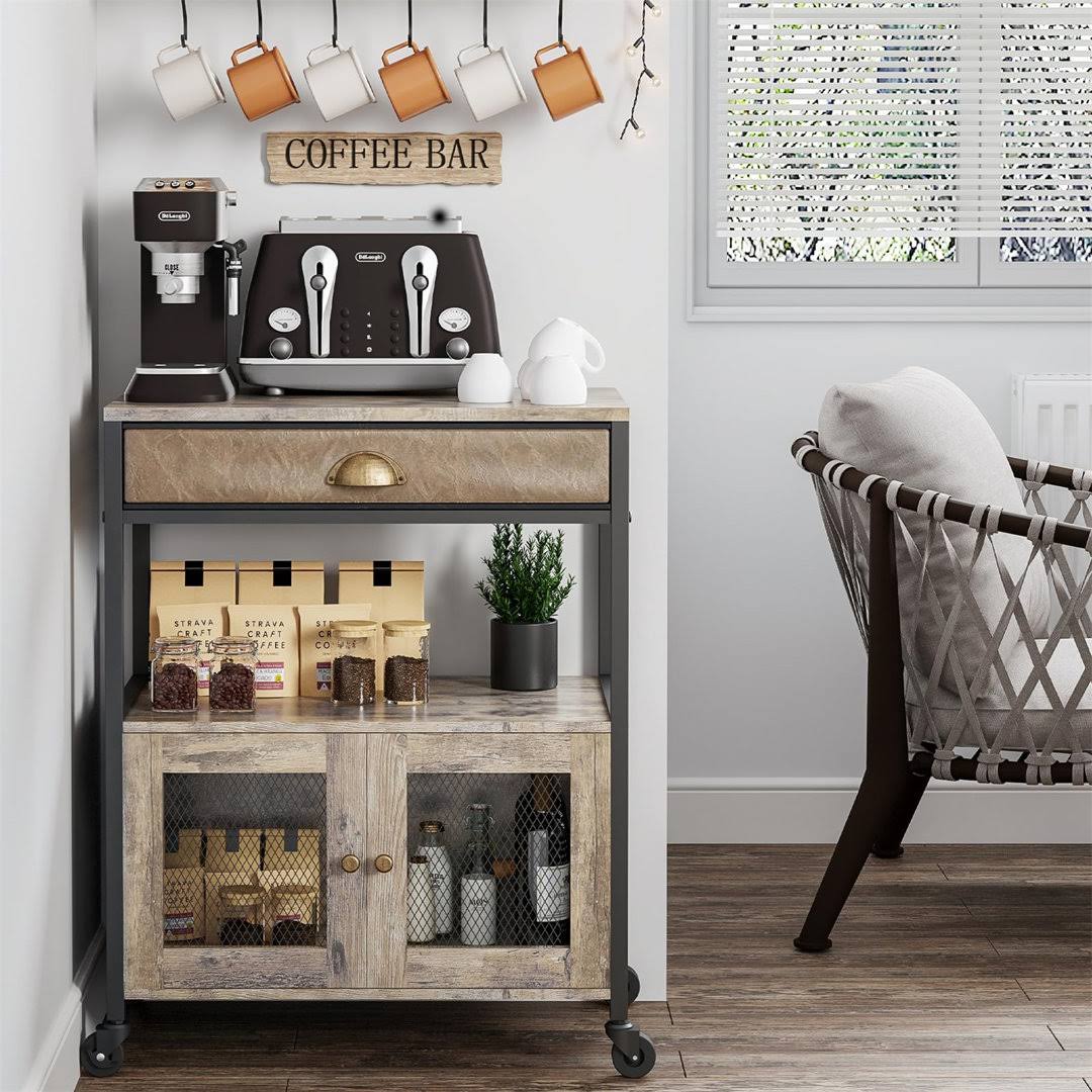 17 Stories Coffee Bar Cabinet, 3 Tier Kitchen Coffee Cart With Drawers, Suitable For Home Buffets And Sideboards