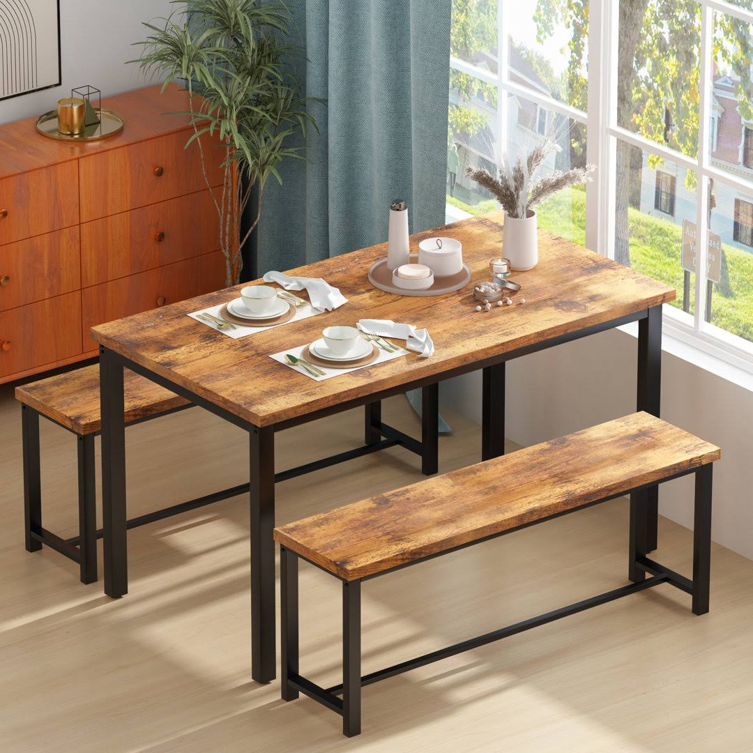 Style Wood Dining Table With Two Benches 3 Piece Set, Dining Room Table And Benches Set, Modern Kitchen Table And Chairs Dinette Set For Ho