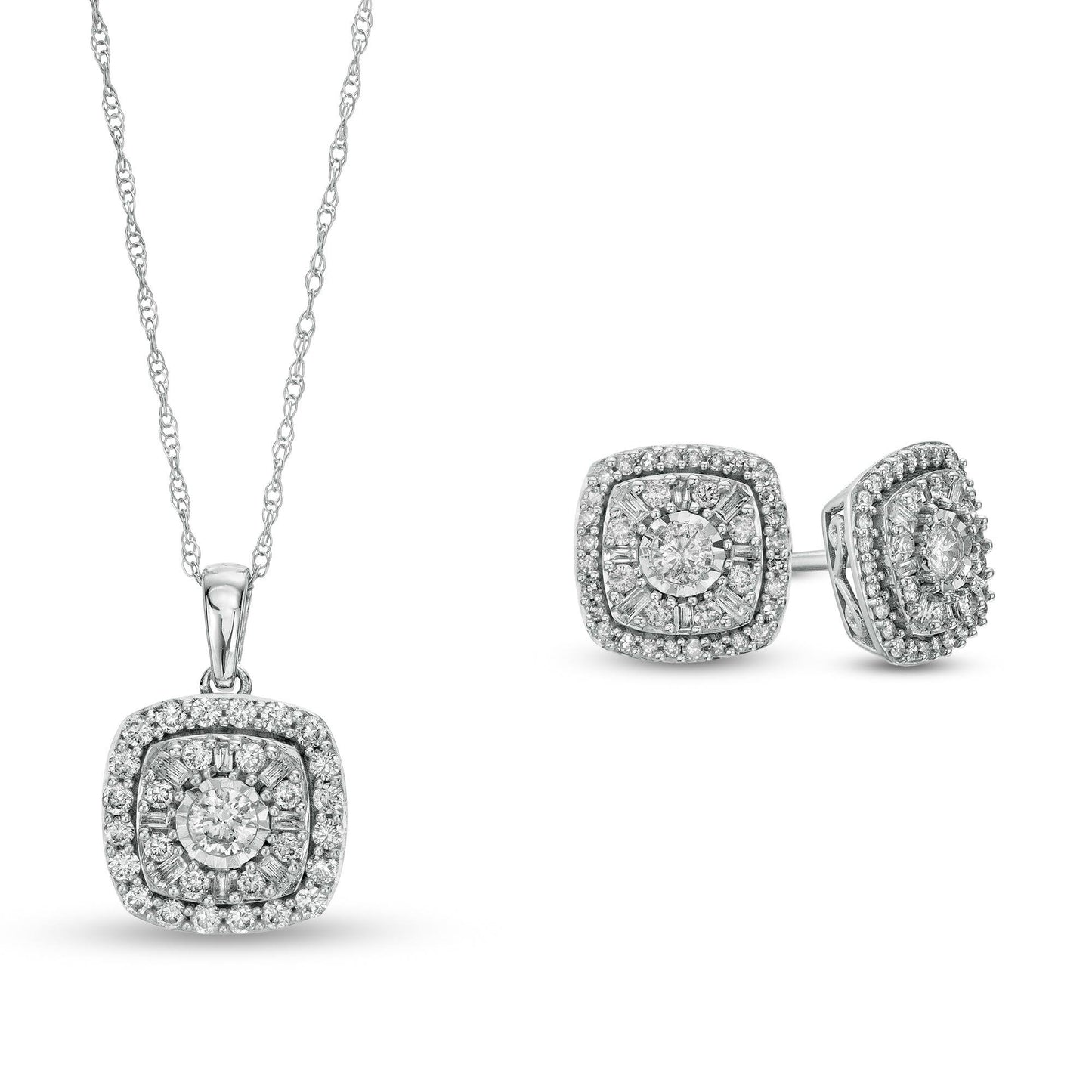 T.W. Diamond Frame Pendant And Stud Earrings Set In Sterling