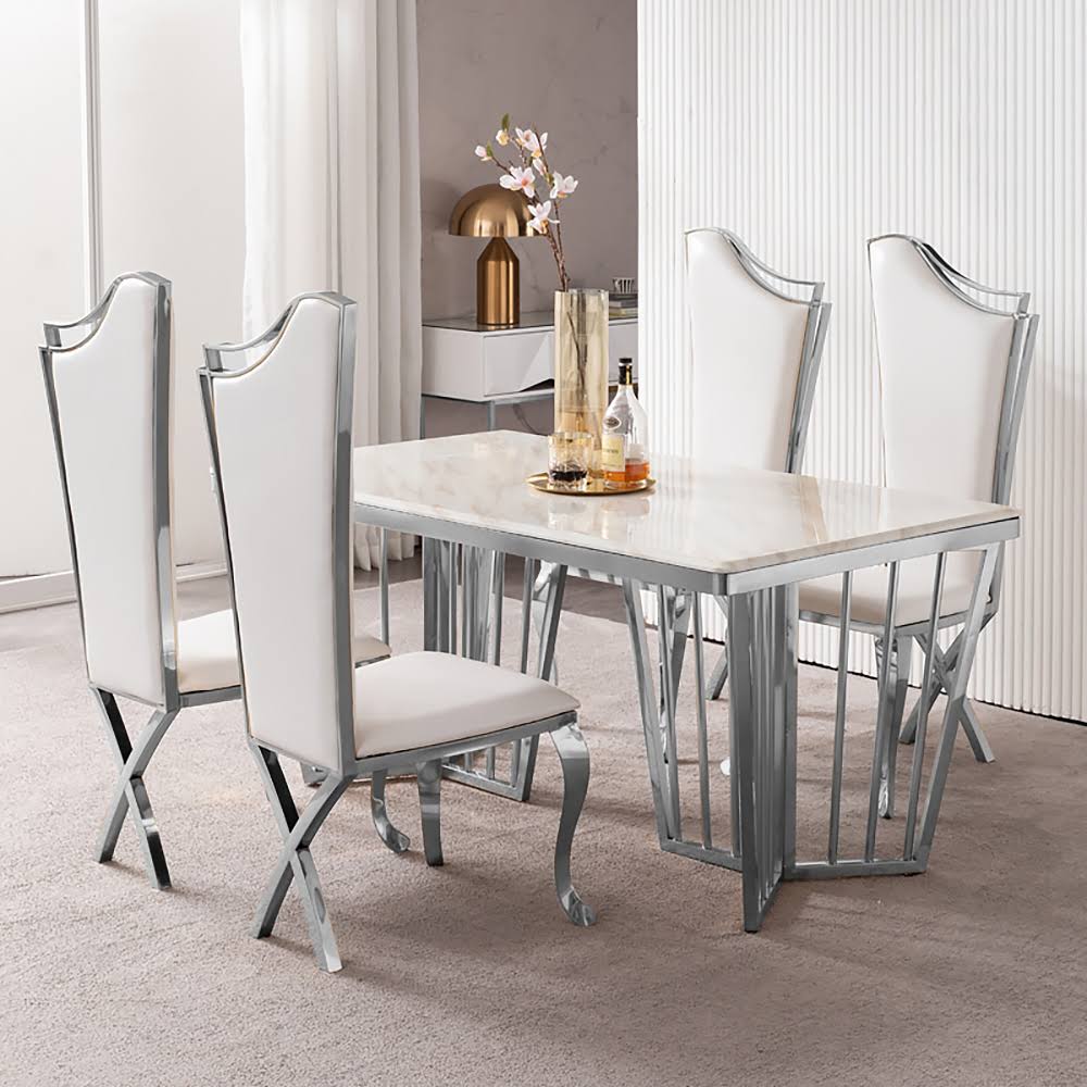 White Upholstered Dining Chairs Set Of 2 High Back Side Chair Silver Legs