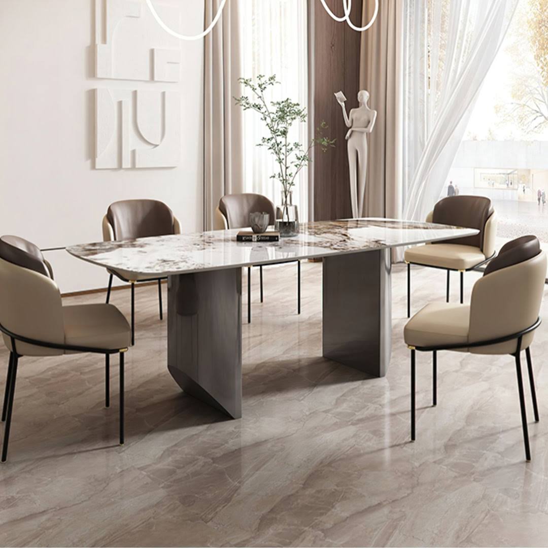 White Rectangular Sintered Stone Dining Table With Double Pedestals  Base