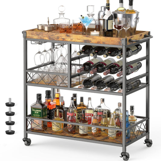 3 Tier 38 Home Bar Serving Cart With Large Storage Space, Mobile Kitchen Storage Trolley With Lockable Wheels, 12 Wine Rack, Glass Holder,