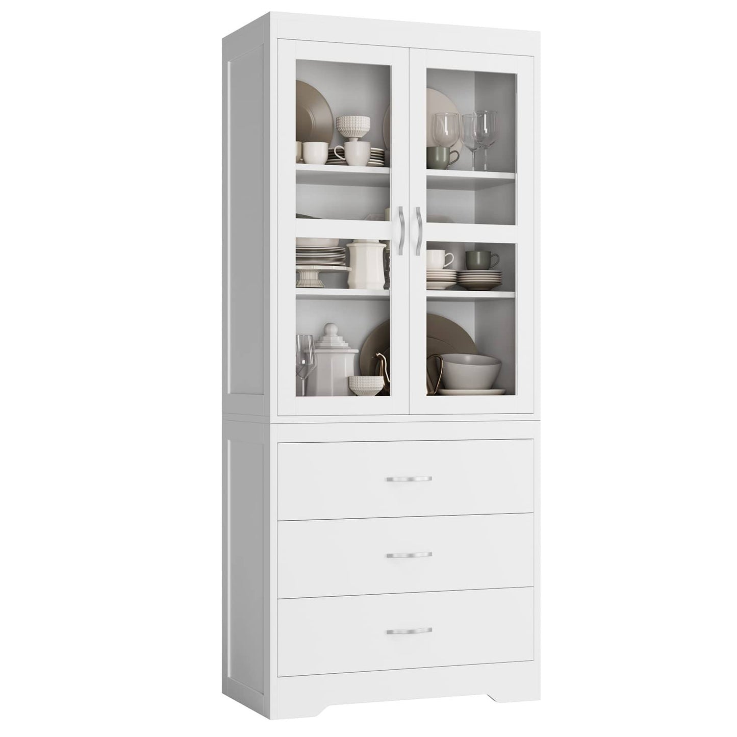 White Kitchen Pantry Cabinet, 67freestanding Tall Storage Cabinet With 2 Tempered Glass Doors, Modern Kitchen Cupboard Large Floor