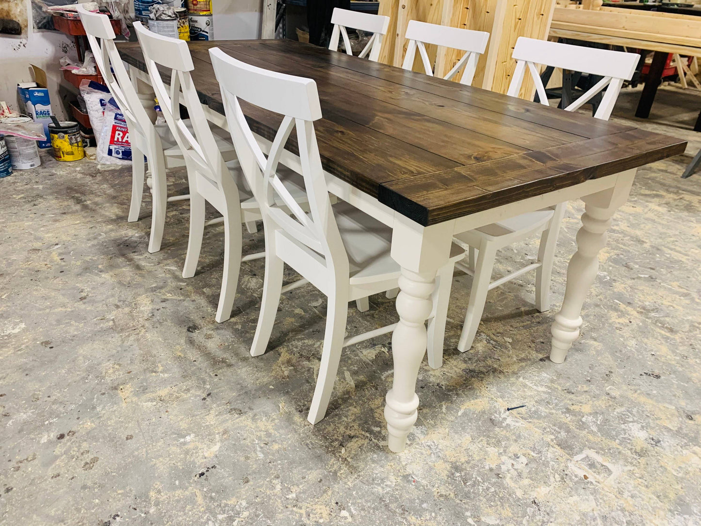 Table With Chairs And Turned Legs, Dark Walnut Top And Antique White Base