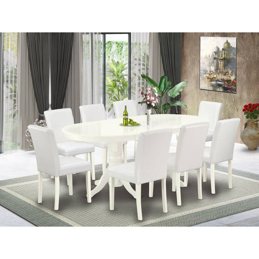 9 Piece Extendable Solid Wood Dining Set  Table Color: Linen White, Chair Color: White